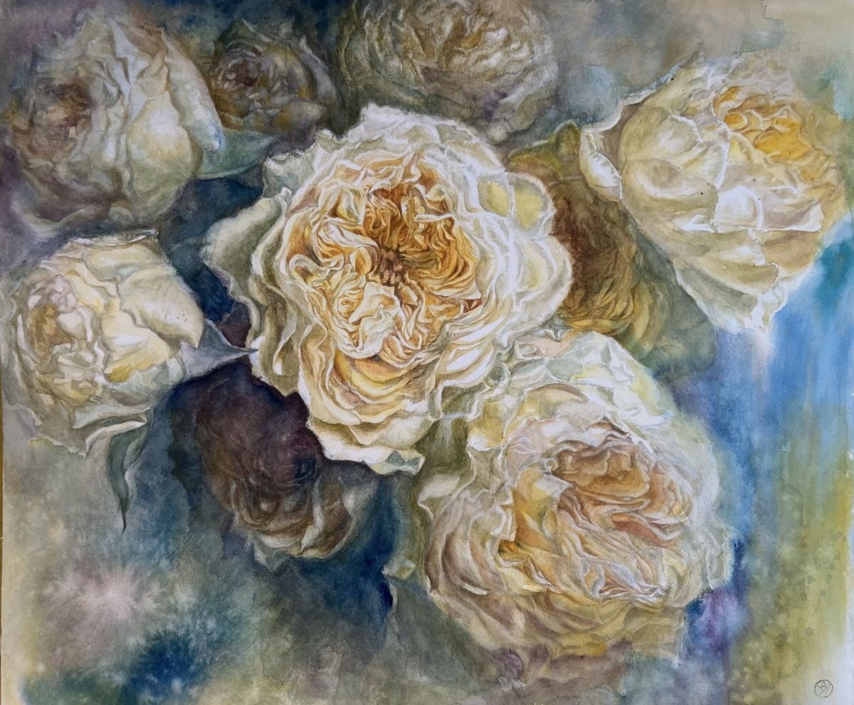 黄色いバラ九本の水彩画「たがいに、見つける」